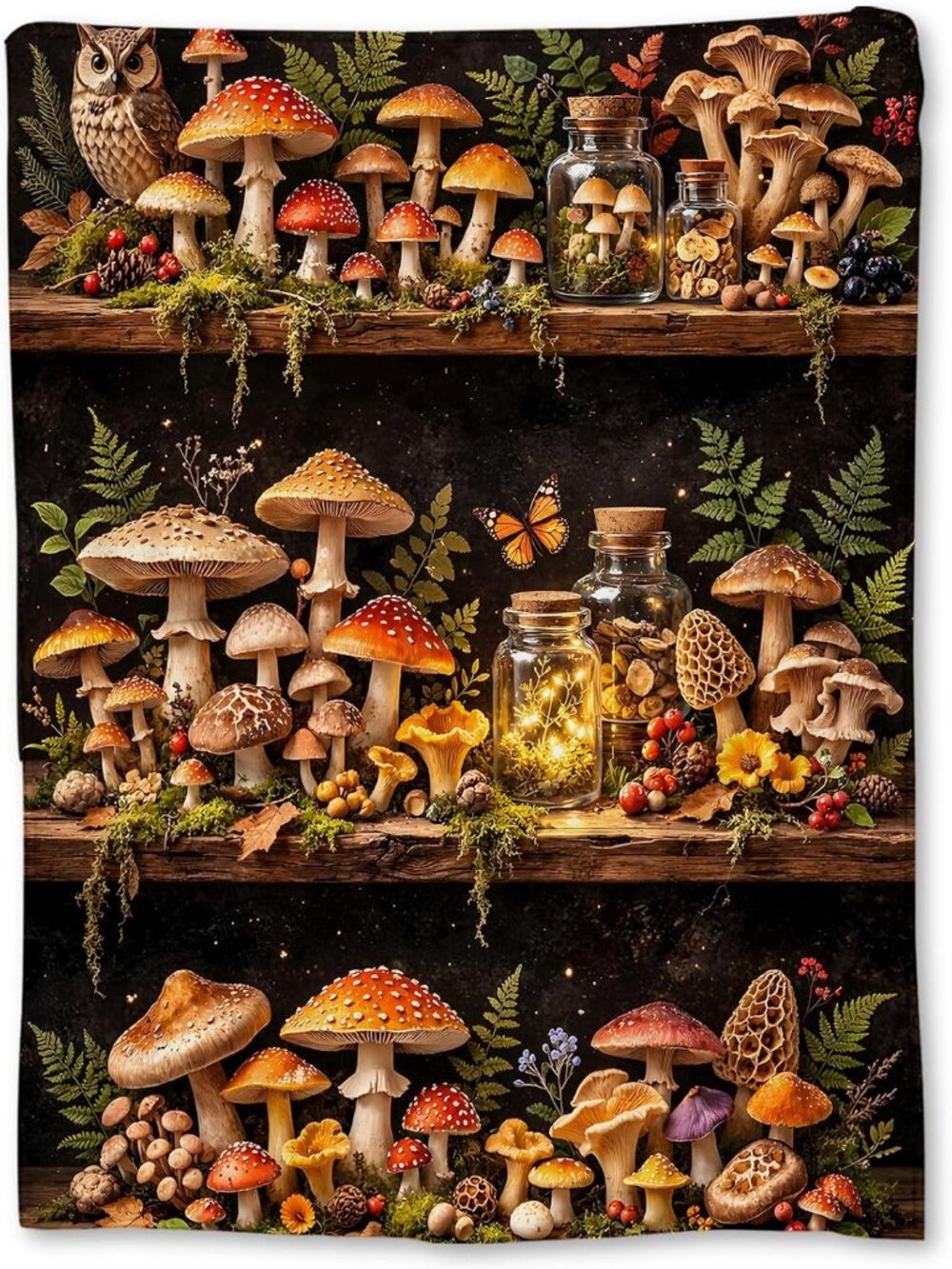 Woodland Mushroom Blanket Gifts, Dark Forest Flannel Throw Blankets with Vintage